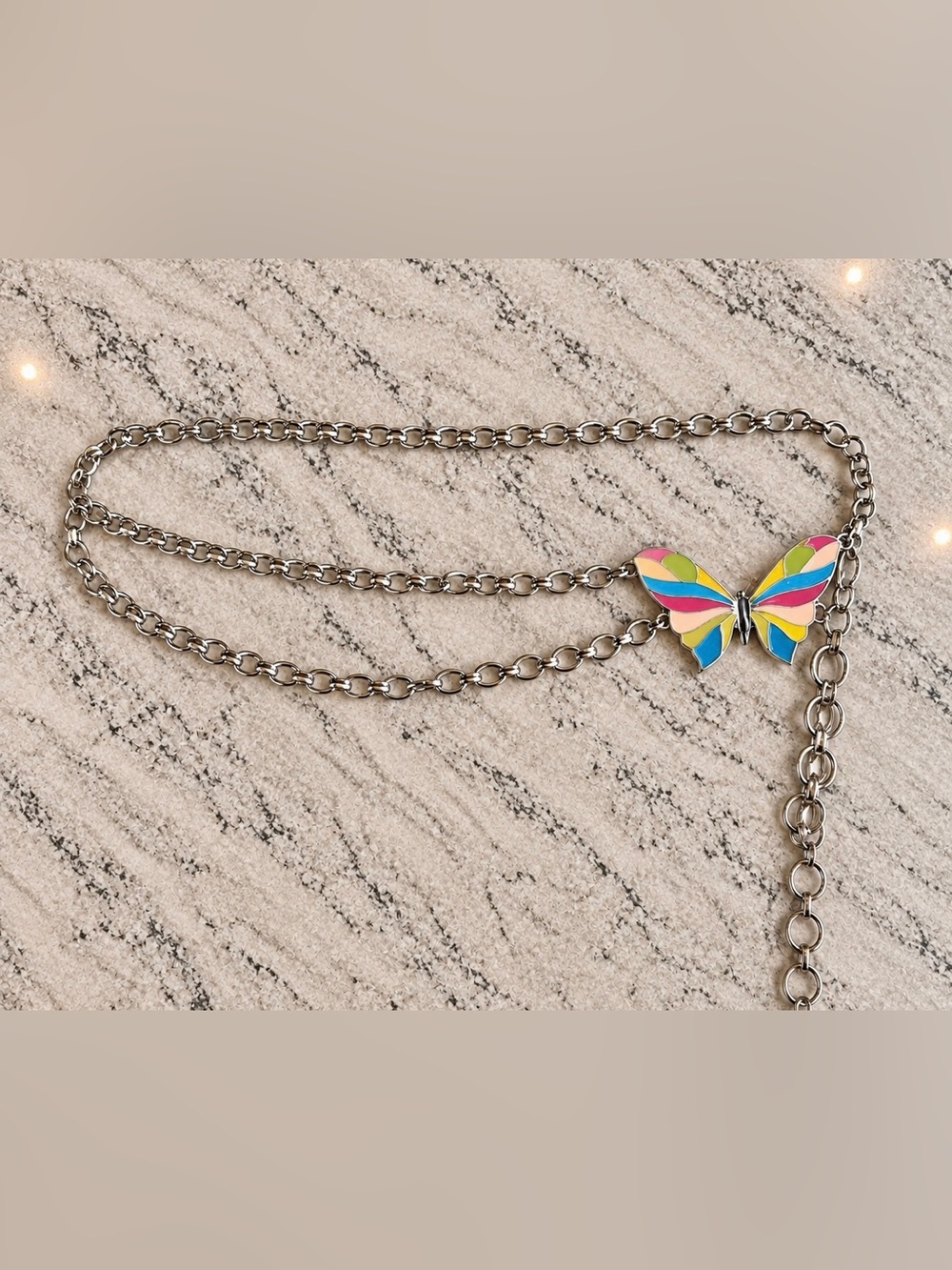 Silver Chain Belt with Multicolor Butterfly Accent